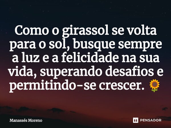 ⁠Como o girassol se volta para o sol, busque sempre a luz e a felicidade na sua vida, superando desafios e permitindo-se crescer. 🌻... Frase de Manassès moreno.