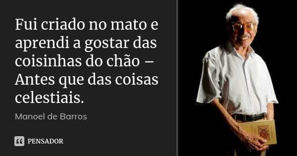 Fui criado no mato e aprendi a gostar das coisinhas do chão – Antes que das coisas celestiais.... Frase de Manoel de Barros.