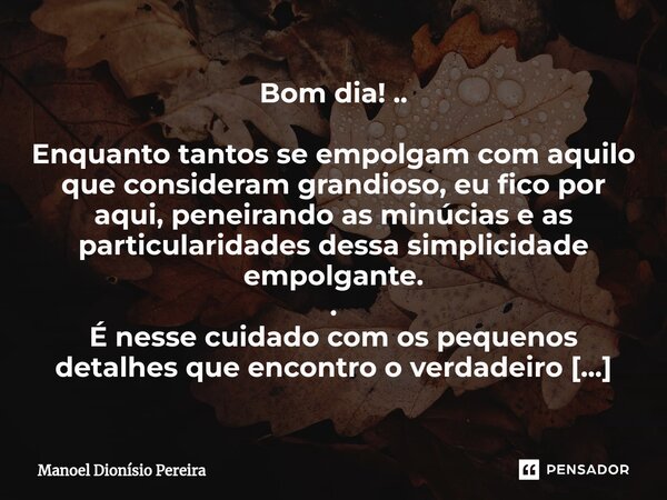 Bom dia! .. Enquanto tantos se empolgam com aquilo que consideram grandioso, eu fico por aqui, peneirando as minúcias e as particularidades dessa simplicidade... Frase de Manoel Dionisio Pereira.