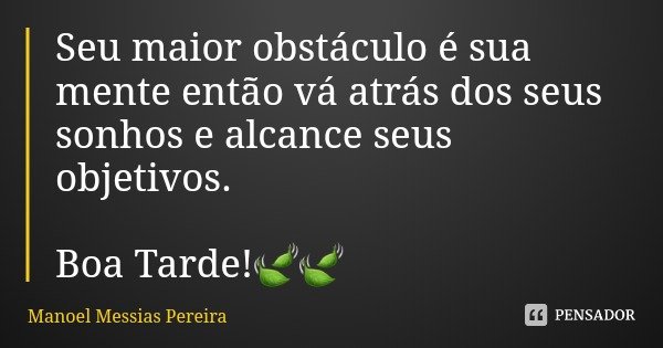 Seu maior obstáculo é sua mente então vá atrás dos seus sonhos e alcance seus objetivos. Boa Tarde!🍃🍃... Frase de Manoel Messias Pereira.