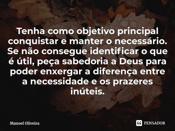 Tenha como objetivo principal conquistar e manter o necessário. Se não consegue identificar o que é útil, peça sabedoria a Deus para poder enxergar a diferença ... Frase de Manoel Oliveira.