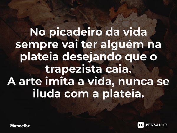 ⁠No picadeiro da vida sempre vai ter alguém na plateia desejando que o trapezista caia. A arte imita a vida, nunca se iluda com a plateia.... Frase de Manoelbrito.