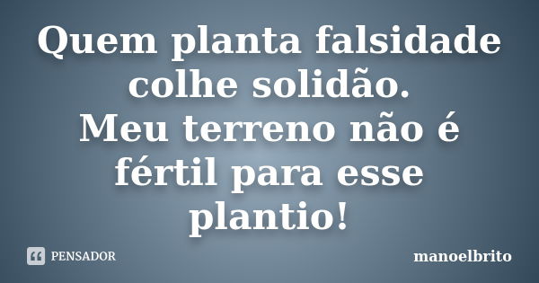 Quem planta falsidade colhe solidão. Meu terreno não é fértil para esse plantio!... Frase de Manoelbrito.