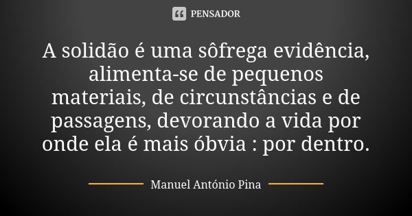 A solidão é uma sôfrega evidência, alimenta-se de pequenos materiais, de circunstâncias e de passagens, devorando a vida por onde ela é mais óbvia : por dentro.... Frase de Manuel António Pina.