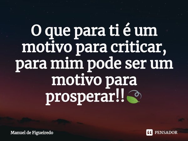 ⁠O que para ti é um motivo para criticar, para mim pode ser um motivo para prosperar!!🍃... Frase de Manuel de Figueiredo.