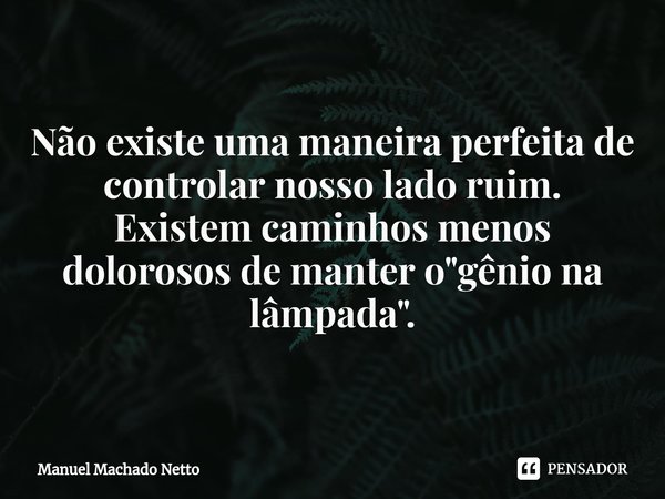 ⁠Não existe uma maneira perfeita de controlar nosso lado ruim.
Existem caminhos menos dolorosos de manter o "gênio na lâmpada".... Frase de Manuel Machado Netto.