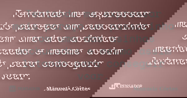 Tentando me expressar mais pareço um passarinho com uma das asinhas machucadas e mesmo assim lutando para conseguir voar.... Frase de Manuela Côrtes.