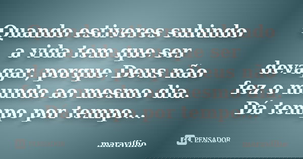 Quando estiveres subindo a vida tem que ser devagar, porque Deus não fez o mundo ao mesmo dia. Dá tempo por tempo...... Frase de Maravilho.