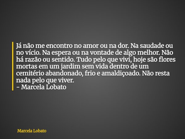 Já não me encontro no amor ou na dor. Na saudade ou no vício. Na espera ou na vontade de algo melhor. Não há razão ou sentido. Tudo pelo que vivi, hoje são flor... Frase de Marcela Lobato.