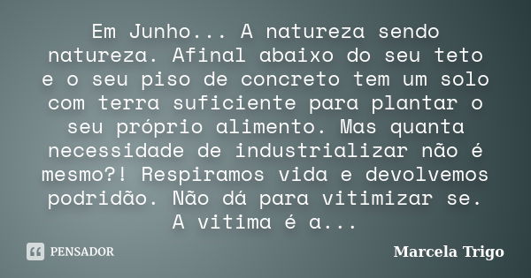 Em Junho... A natureza sendo natureza. Afinal abaixo do seu teto e o seu piso de concreto tem um solo com terra suficiente para plantar o seu próprio alimento. ... Frase de Marcela Trigo.