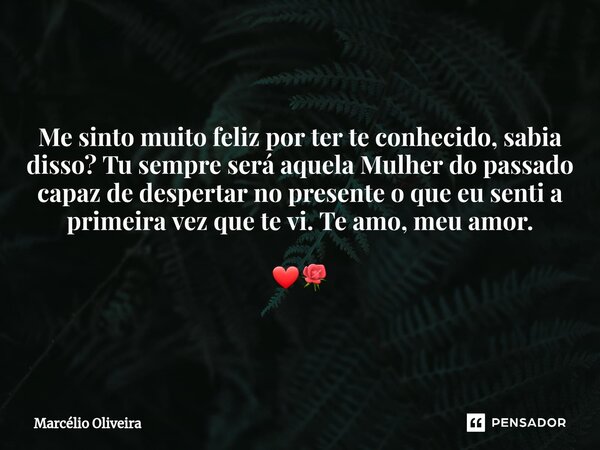 ⁠Me sinto muito feliz por ter te conhecido, sabia disso? Tu sempre será aquela Mulher do passado capaz de despertar no presente o que eu senti a primeira vez qu... Frase de Marcelio Oliveira.