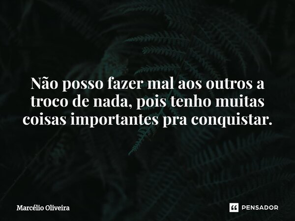 Não posso fazer mal aos outros a troco de nada, pois tenho muitas coisas importantes pra conquistar.... Frase de Marcelio Oliveira.