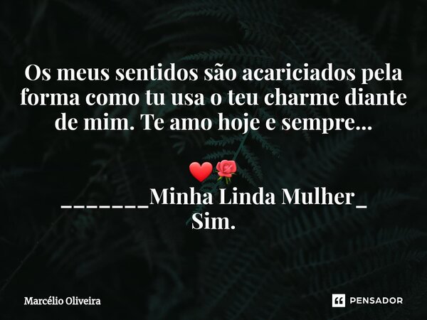 Os meus sentidos são acariciados pela forma como tu usa o teu charme diante de mim. Te amo hoje e sempre... ❤🌹 _______Minha Linda Mulher_ Sim.... Frase de Marcelio Oliveira.