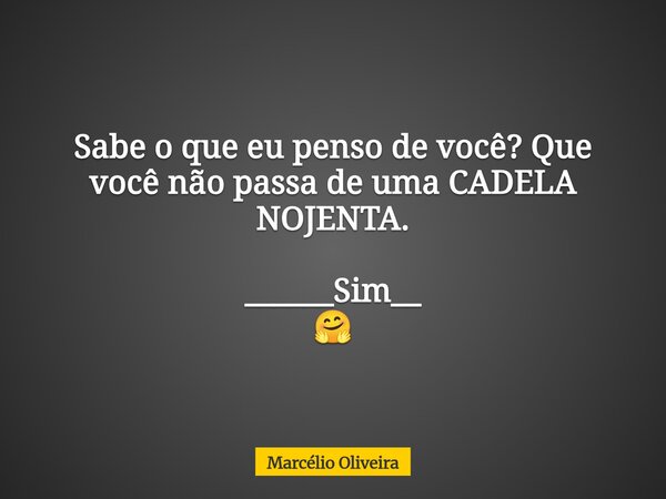 Sabe o que eu penso de você? Que você não passa de uma CADELA NOJENTA. ______Sim__ ⁠🤗... Frase de Marcélio Oliveira.