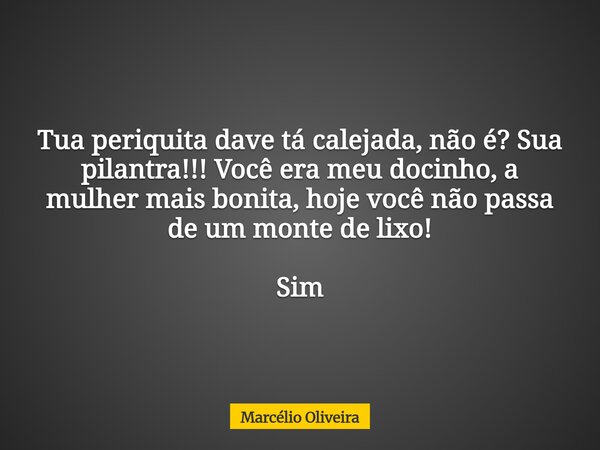 Tua periquita dave tá calejada, não é? Sua pilantra!!! Você era meu docinho, a mulher mais bonita, hoje você não passa de um monte de lixo! Sim... Frase de Marcélio Oliveira.