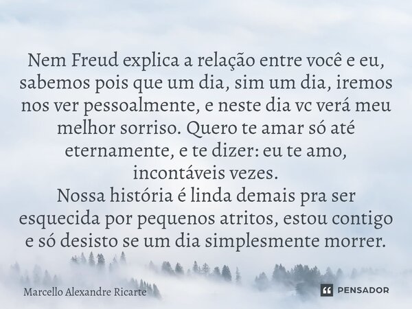 Nem Freud explica a relação entre você e eu, sabemos pois que um dia, sim um dia, iremos nos ver pessoalmente, e neste dia vc verá meu melhor sorriso. Quero te... Frase de Marcello Alexandre Ricarte.