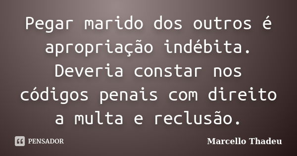 Pegar marido dos outros é apropriação indébita. Deveria constar nos códigos penais com direito a multa e reclusão.... Frase de Marcello Thadeu.