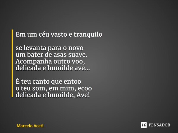 ⁠Em um céu vasto e tranquilo se levanta para o novo um bater de asas suave. Acompanha outro voo, delicada e humilde ave... É teu canto que entoo o teu som, em m... Frase de Marcelo Aceti.