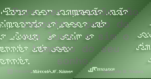 Para ser campeão não importa o peso da sua luva, e sim o tamanho do seu sonho.... Frase de Marcelo B. Nunes.