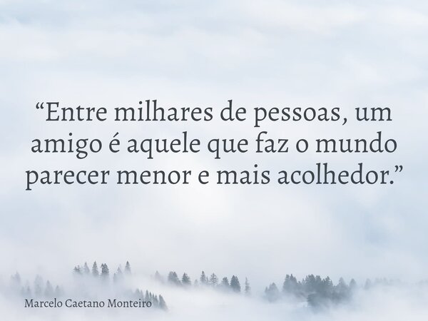 “Entre milhares de pessoas, um amigo é aquele que faz o mundo parecer menor e mais acolhedor.”... Frase de Marcelo Caetano Monteiro.