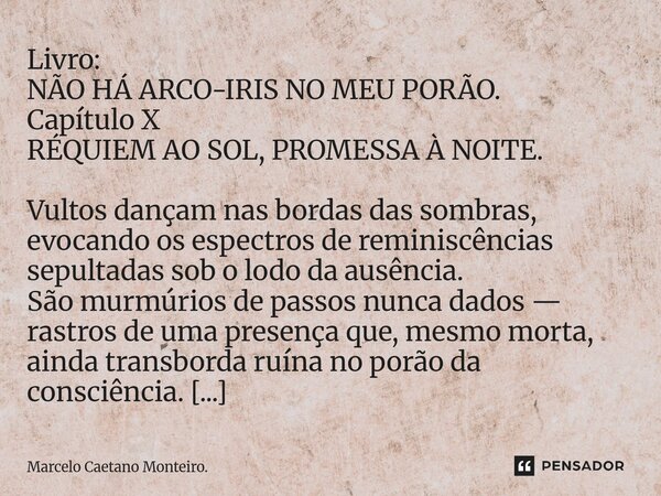 ⁠Livro: NÃO HÁ ARCO-IRIS NO MEU PORÃO. Capítulo X RÉQUIEM AO SOL, PROMESSA À NOITE. Vultos dançam nas bordas das sombras, evocando os espectros de reminiscência... Frase de Marcelo Caetano Monteiro..
