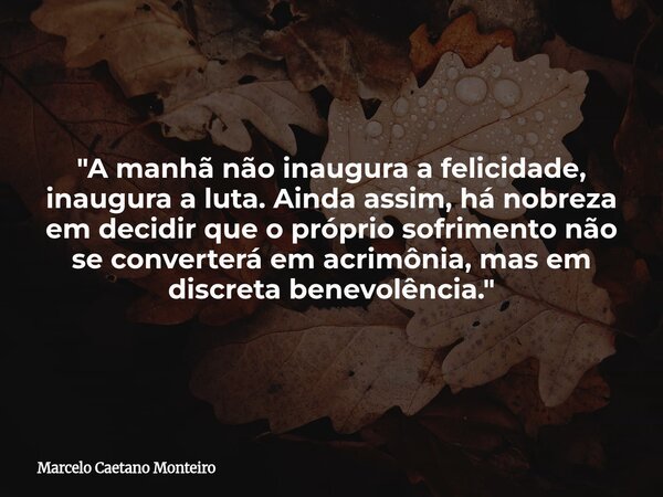 "A manhã não inaugura a felicidade, inaugura a luta. Ainda assim, há nobreza em decidir que o próprio sofrimento não se converterá em acrimônia, mas em dis... Frase de Marcelo Caetano Monteiro.