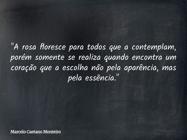 "A rosa floresce para todos que a contemplam, porém somente se realiza quando encontra um coração que a escolha não pela aparência, mas pela essência.&quot... Frase de Marcelo Caetano Monteiro.