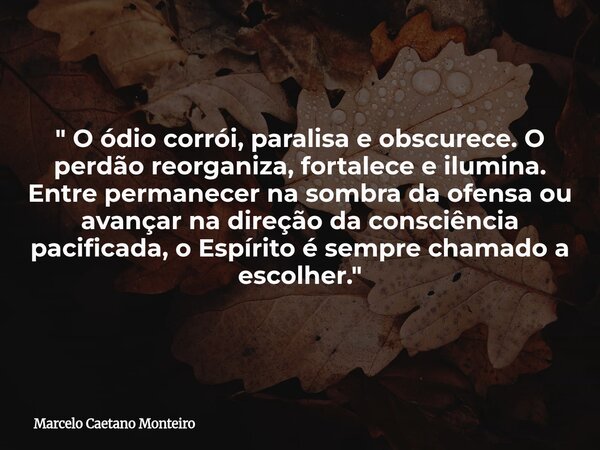 " O ódio corrói, paralisa e obscurece. O perdão reorganiza, fortalece e ilumina. Entre permanecer na sombra da ofensa ou avançar na direção da consciência ... Frase de Marcelo Caetano Monteiro.