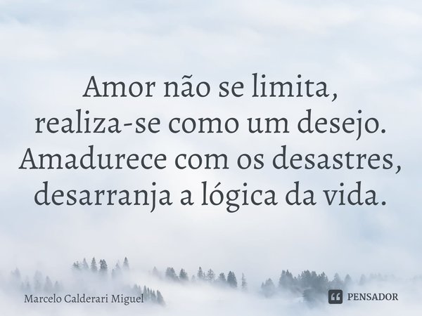 ⁠Amor não se limita, realiza-se como um desejo.
Amadurece com os desastres, desarranja a lógica da vida.... Frase de Marcelo Calderari Miguel.