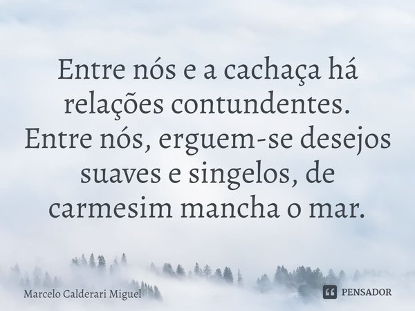 ⁠Entre nós e a cachaça há relações contundentes.
Entre nós, erguem-se desejos suaves e singelos, de carmesim mancha o mar.... Frase de Marcelo Calderari Miguel.