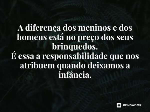 ⁠A diferença dos meninos e dos homens está no preço dos seus brinquedos. É essa a responsabilidade que nos atribuem quando deixamos a infância.... Frase de Marcelo Carlos Rodrigues.