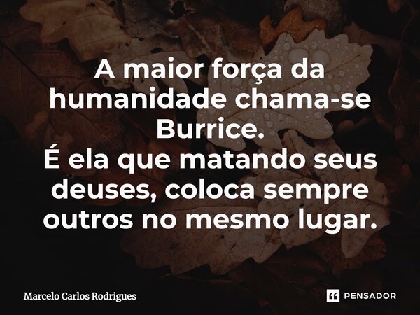 ⁠A maior força da humanidade chama-se Burrice. É ela que matando seus deuses, coloca sempre outros no mesmo lugar.... Frase de Marcelo Carlos Rodrigues.