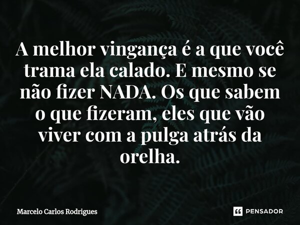 ⁠A melhor vingança é a que você trama ela calado. E mesmo se não fizer NADA. Os que sabem o que fizeram, eles que vão viver com a pulga atrás da orelha.... Frase de Marcelo Carlos Rodrigues.