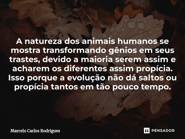 ⁠A natureza dos animais humanos se mostra transformando gênios em seus trastes, devido a maioria serem assim e acharem os diferentes assim propícia. Isso porque... Frase de Marcelo Carlos Rodrigues.