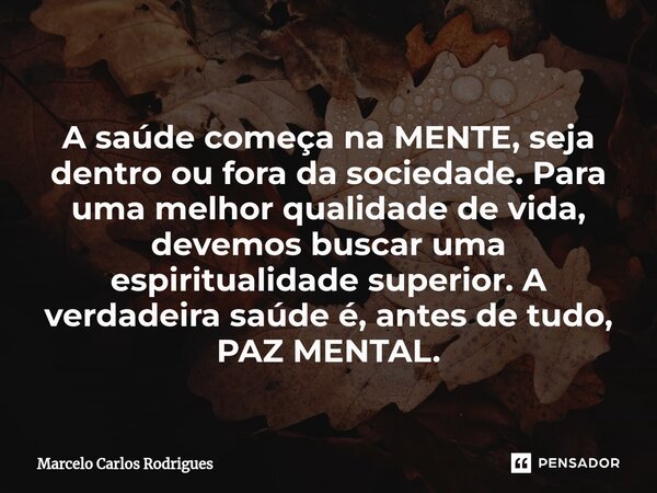 ⁠ A saúde começa na MENTE, seja dentro ou fora da sociedade. Para uma melhor qualidade de vida, devemos buscar uma espiritualidade superior. A verdadeira saúde ... Frase de Marcelo Carlos Rodrigues.