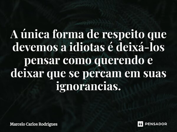 ⁠A única forma de respeito que devemos a idiotas é deixá-los pensar como querendo e deixar que se percam em suas ignorância.... Frase de Marcelo Carlos Rodrigues.