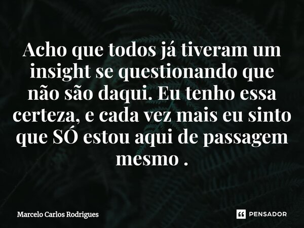 ⁠Acho que todos já tiveram um insight se questionando que não são daqui. Eu tenho essa certeza, e cada vez mais eu sinto que SÓ estou aqui de passagem mesmo .... Frase de Marcelo Carlos Rodrigues.