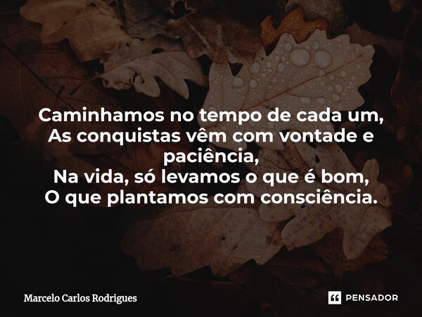 ⁠⁠ Caminhamos no tempo de cada um, As conquistas vêm com vontade e paciência, Na vida, só levamos o que é bom, O que plantamos com consciência.... Frase de Marcelo Carlos Rodrigues.