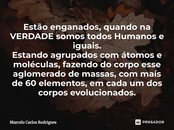 ⁠Estão enganados, quando na VERDADE somos todos Humanos e iguais. Estando agrupados com átomos e moléculas, fazendo do corpo esse aglomerado de massas, com maís... Frase de Marcelo Carlos Rodrigues.