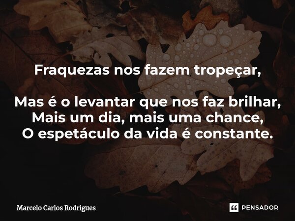 Fraquezas nos fazem tropeçar, Mas é o levantar que nos faz brilhar, Mais um dia, mais uma chance, O espetáculo da vida é constante.... Frase de Marcelo Carlos Rodrigues.