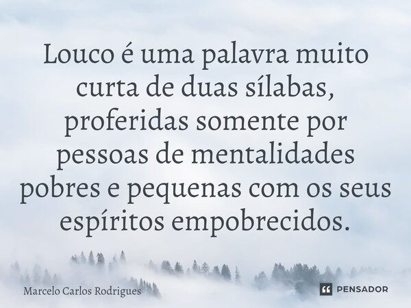 ⁠Louco é uma palavra muito curta de duas sílabas, proferidas somente por pessoas de mentalidades pobres e pequenas com os seus espíritos empobrecidos.... Frase de Marcelo Carlos Rodrigues.