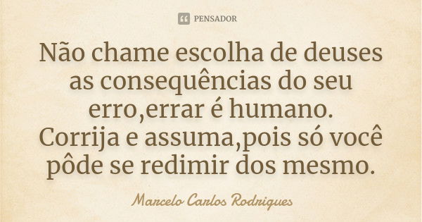 Não chame escolha de deuses as consequências do seu erro,errar é humano. Corrija e assuma,pois só você pôde se redimir dos mesmo.... Frase de Marcelo Carlos Rodrigues.