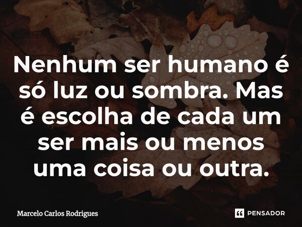 ⁠Nenhum ser humano é só luz ou sombra. Mas é escolha de cada um ser mais ou menos uma coisa ou outra.... Frase de Marcelo Carlos Rodrigues.