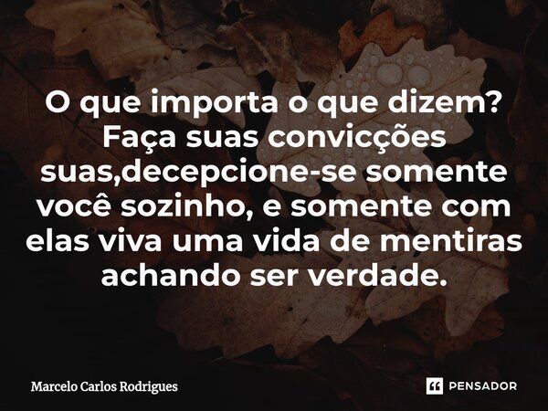 O que importa o que dizem? Faça suas convicções suas,decepcione-se somente você sozinho, e somente com elas viva uma vida de mentiras achando ser verdade.... Frase de Marcelo Carlos Rodrigues.