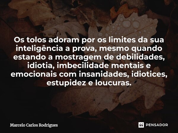 Os tolos adoram por os limites da sua inteligência a prova, mesmo quando estando a mostragem de debilidades, idiotia, imbecilidade mentais e emocionais com insa... Frase de Marcelo Carlos Rodrigues.