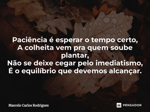 Paciência é esperar o tempo certo, A colheita vem pra quem soube plantar, Não se deixe cegar pelo imediatismo, É o equilíbrio que devemos alcançar.... Frase de Marcelo Carlos Rodrigues.