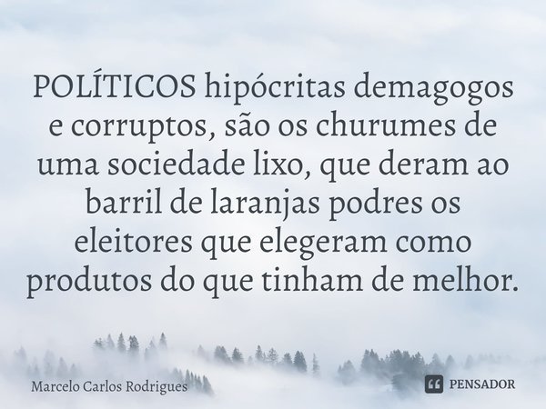 ⁠POLÍTICOS hipócritas demagogos e corruptos, são os churumes de uma sociedade lixo, que deram ao barril de laranjas podres os eleitores que elegeram como produt... Frase de Marcelo Carlos Rodrigues.