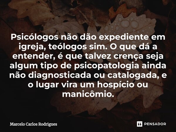 ⁠ Psicólogos não dão expediente em igreja, teólogos sim. O que dá a entender, é que talvez crença seja algum tipo de psicopatologia ainda não diagnosticada ou c... Frase de Marcelo Carlos Rodrigues.