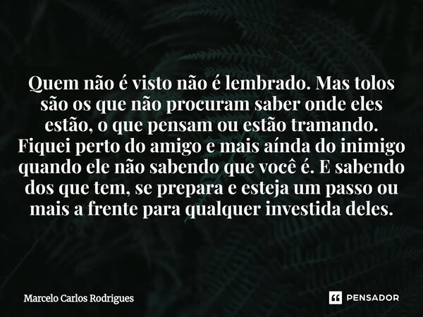 ⁠Quem não é visto não é lembrado. Mas tolos são os que não procuram saber onde eles estão, o que pensam ou estão tramando. Fiquei perto do amigo e mais aínda do... Frase de Marcelo Carlos Rodrigues.