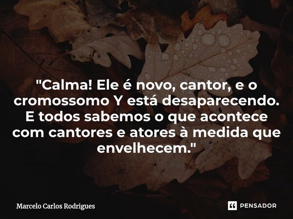 ⁠ "Calma! Ele é novo, cantor, e o cromossomo Y está desaparecendo. E todos sabemos o que acontece com cantores e atores à medida que envelhecem."... Frase de Marcelo Carlos Rodrigues.
